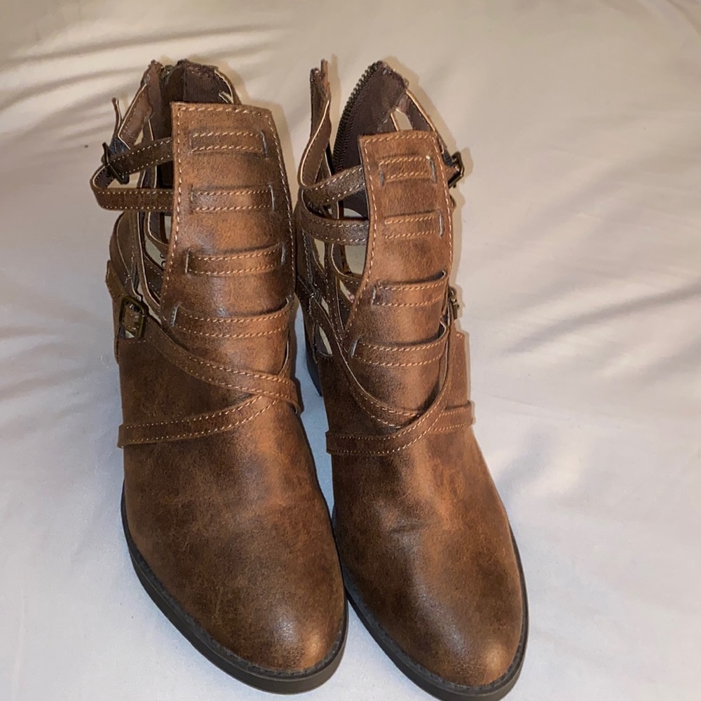 Brown booties with side cutouts